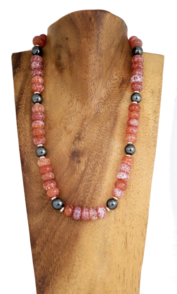 Feuerachat Rondelle, Hämatit Kugeln & Silber Hohlringe 925er Halskette