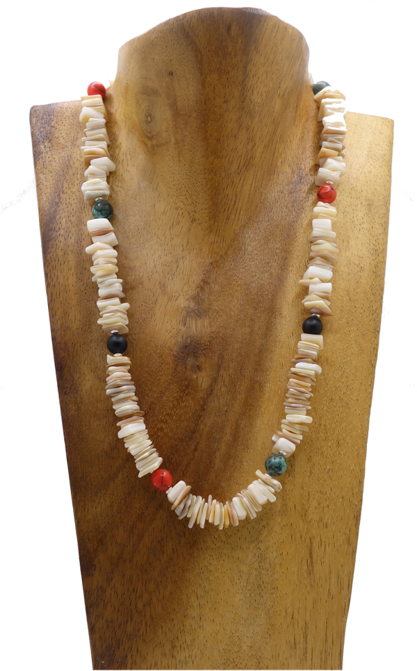 Halskette aus Muschel, Onyx beh., Howlith, Türkis & Silberteile 925er