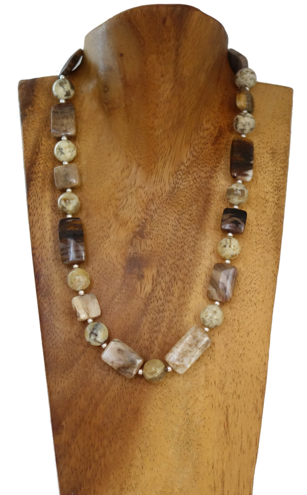 versteinertes Holz, Zebra Feldspat Kugeln, & Silber Kugeln 925er Halskette