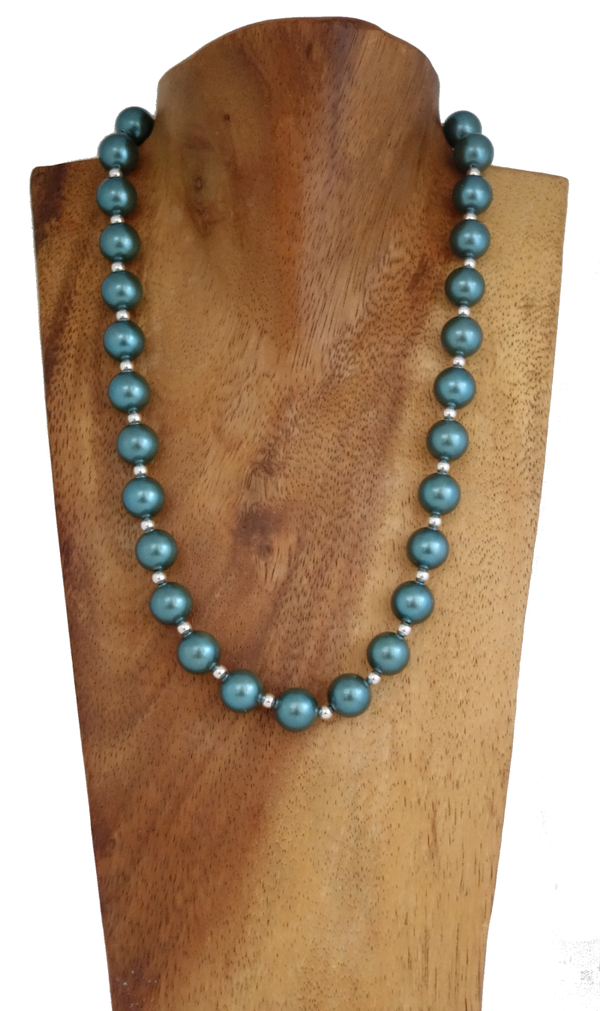 Muschelkernperlen petrol & Silber Perlen 925er Halskette