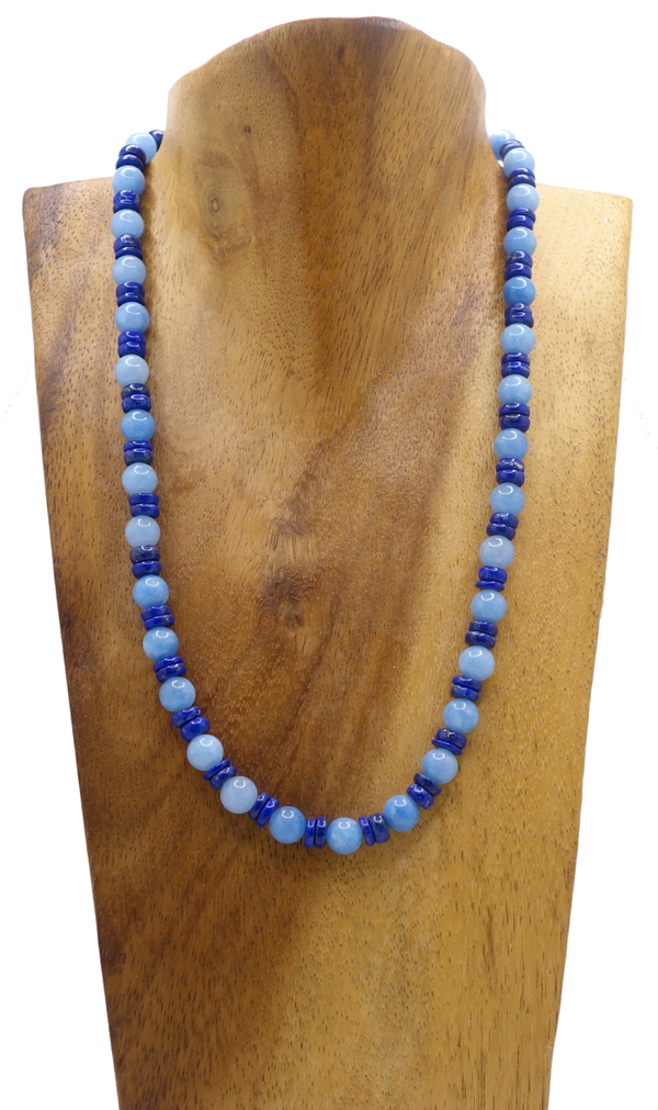 Halskette aus Lapislazuli Linsen & Aquamarin Chalcedon