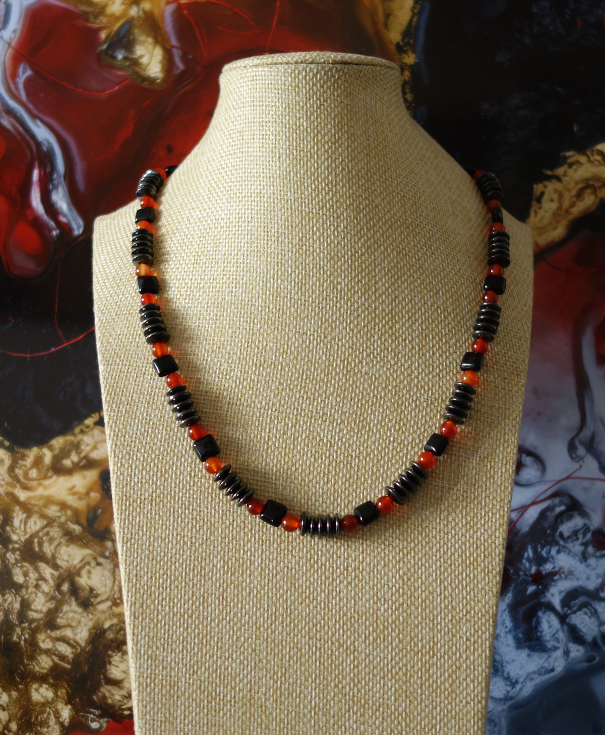 Halskette aus Hämatit, Karneol & Onyx