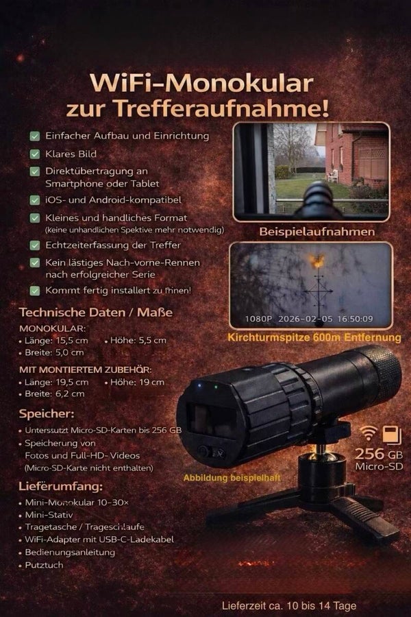 Wifi Monokular 10-30x Set/ Bundle zur Live Trefferaufnahme