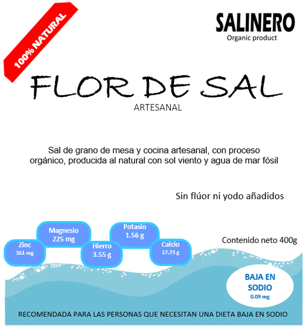 Salinero,  Flor de Sal artesanal con 2 Bolsas de 400 gramos.
