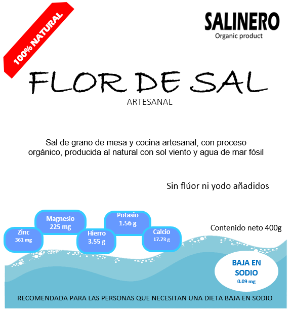 Salinero,  Flor de Sal artesanal con 2 Bolsas de 400 gramos.