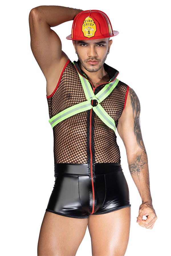 Ensemble tenue 3 pièces pompier sexy : combinaison shorty vinyl wetlook, casque de pompier, harnais fluorescent / Neuf marque J Lingerie Taille Unique