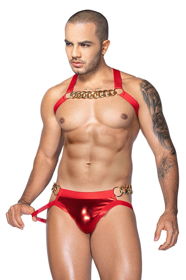 Ensemble sexy rouge et or - Harnais/top avec chaînette en métal doré & jock-strap, effet vinyl wetlook, marque J Lingerie / Neuf Taille Unique