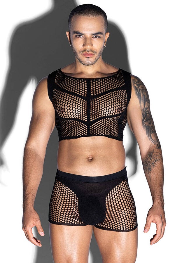Ensemble 2 pièces Crop top sans manches & Boxer coordonné résille noires marque JL Lingerie / Neuf Taille Unique