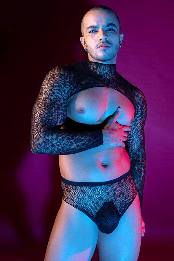 Ensemble lingerie masculine top et slip noir en maille résille Marque J Lingerie / Neuf Taille Unique