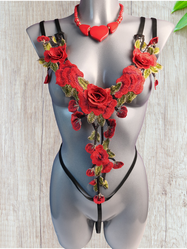 Body lingerie brodé roses rouges & dos croisé – Taille 42
