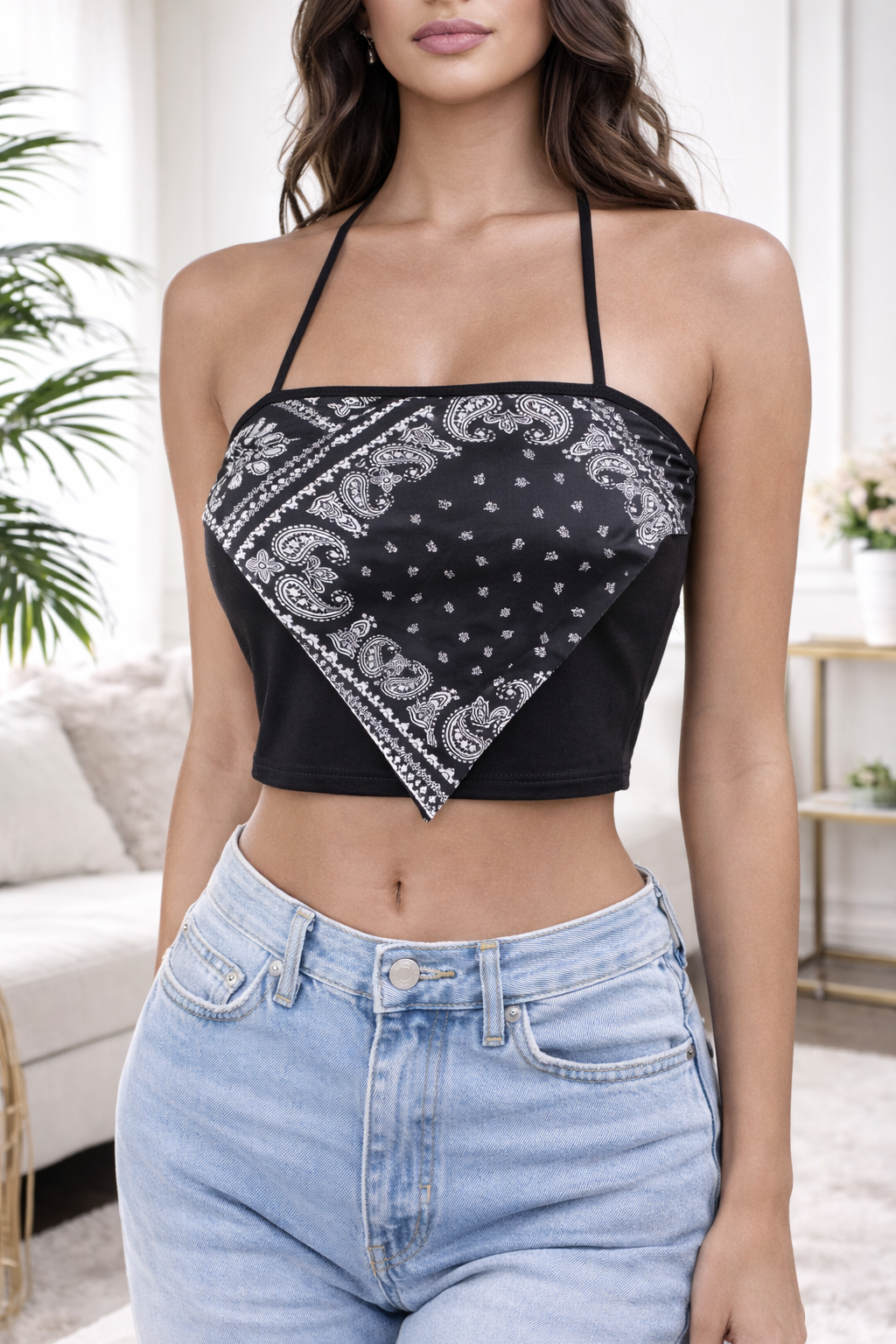 Crop top bandana noir imprimé au style tendance Y2K / Taille XS/S (34/36)