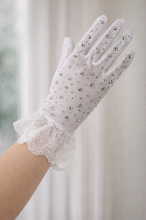 Gants blancs strass & dentelle idéal cérémonie, élégant chic & glamour – Taille unique