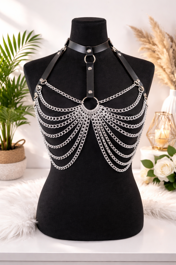 Harnais de corps chaînes argentées au look Look rock gothique sexy – Taille Unique