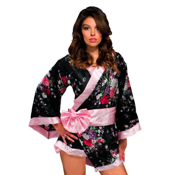 Tenue Geisha - Kimono satiné fleuri + string assorti marque Nuit de Charme / Neuf - Taille unique S/M/L du 36/40