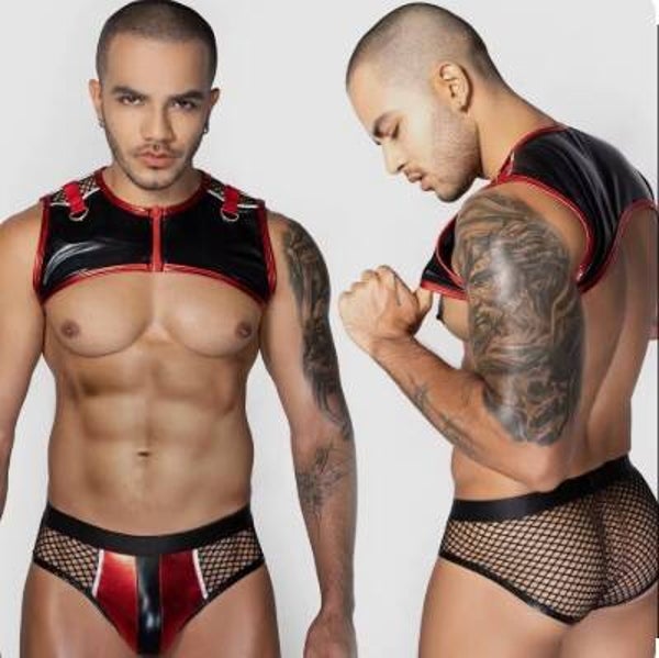 Ensemble 2 pièces sexy harnais/crop top et d'un shorty - Effet wetlook noir & rouge ,  osez le contraste audacieux ! Marque J LINGERIE / Neuf Taille Unique