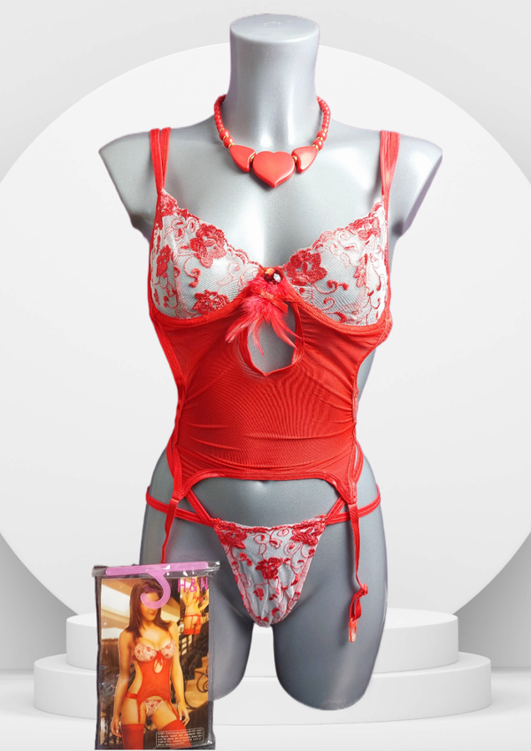 Ensemble sensuel et audacieux avec dentelle, pierre rouge et plume / Taille unique