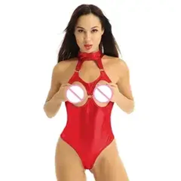 Body rouge effet vinyle brillant avec découpes & dos ouvert – Neuf - Taille L/XL 40/42