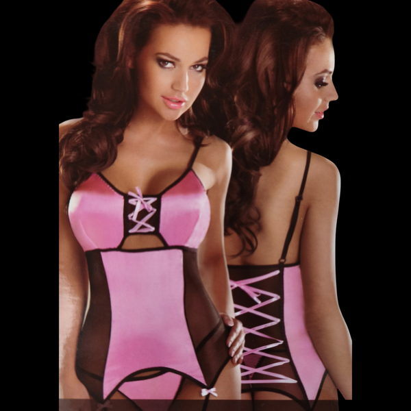 Ensemble lingerie Bustier porte-jarretelles intégré + String rose satiné au look Pin-up, modèle Greta Marque Avanua Rose Satiné – Tailles L/XL 40-42 et S/M 36/38
