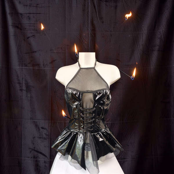 Ensemble 2 pièces vinyl noir brillant & tulle avec laçage au style glamour et audacieux ! Taille unique S à L (36 au 40)