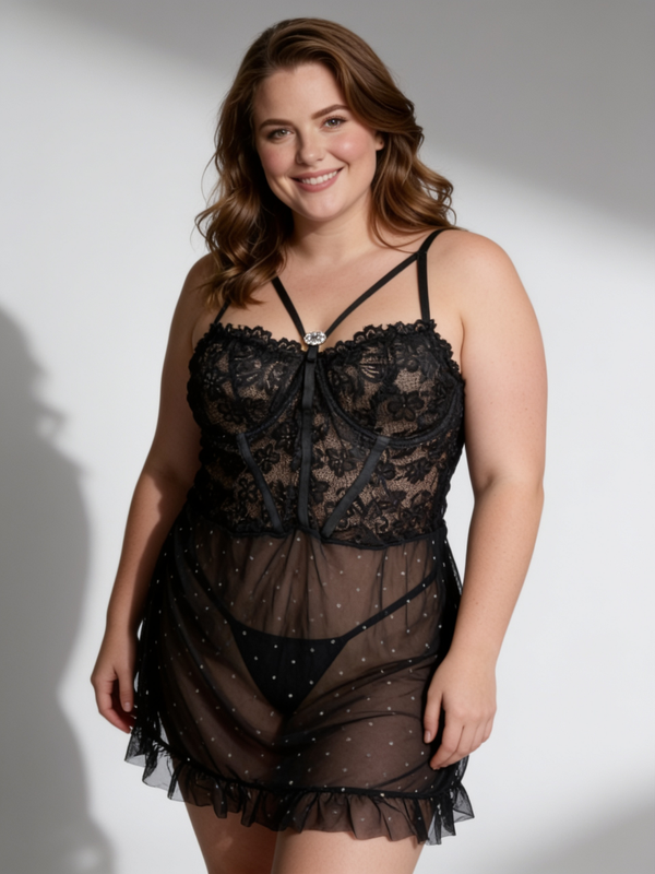 Ensemble Nuisette transparente dentelle & tulle à pois argentés brillants + string / Neuf - Taille XL 42/44