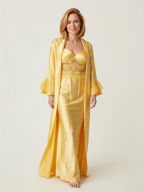 Ensemble de nuit satiné doré « PRIDE » – Nuisette longue & Peignoir en dentelle style chic & féminin / Neuf  – Taille unique M/L/XL - 38 à 42