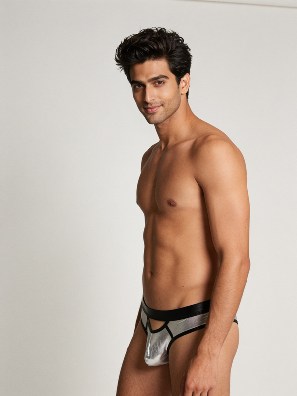 Slip homme au superbe effet métallisé argenté, au design moderne & sexy / Neuf Taille XL