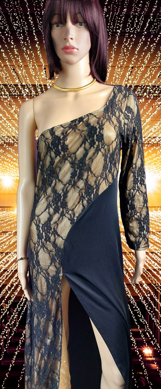 Superbe robe longue asymétrique noire & dentelle au style glamour chic / Taille M/L 38-40