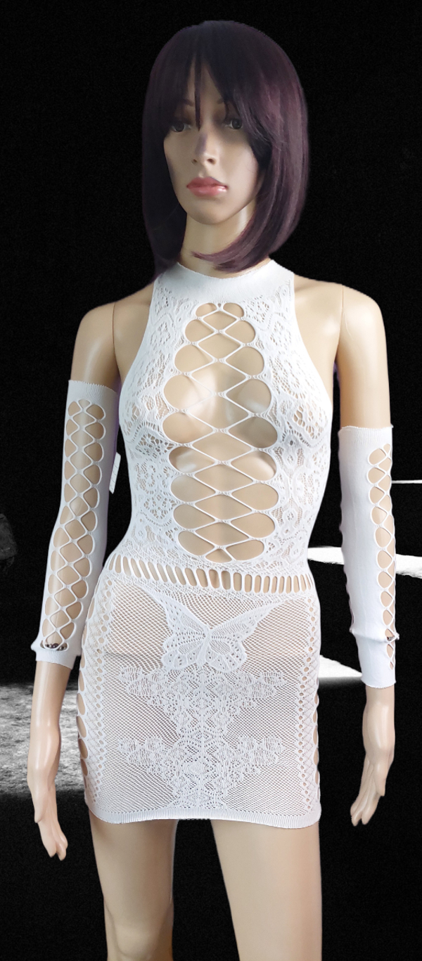 Robe résille blanche sexy & élégante avec mitaines assorties – Neuf / Taille unique