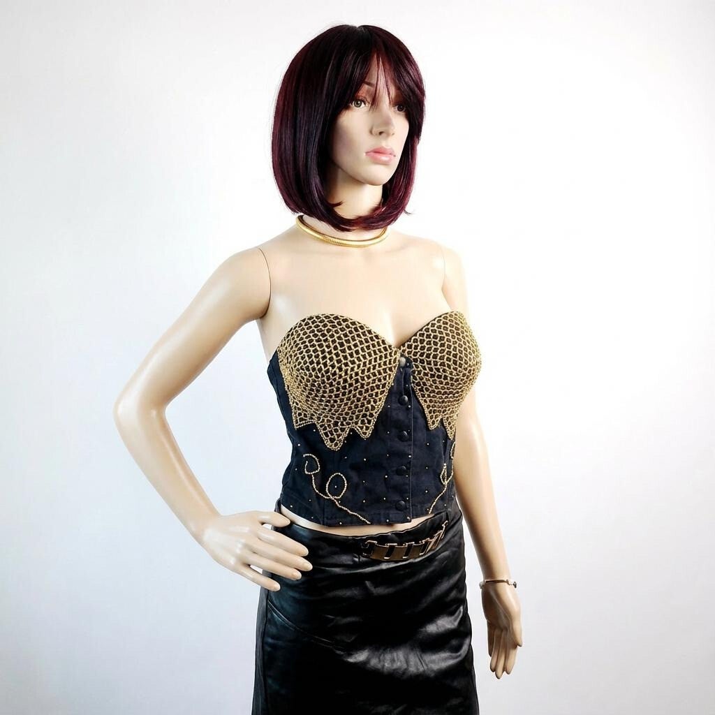 Bustier noir & or à motifs métalliques au style glamour chic – Taille S/M (36/38)