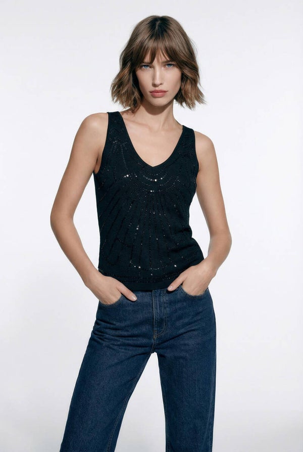 Débardeur noir à sequins style top chic, élégant et tendance – Taille M/L 38-40