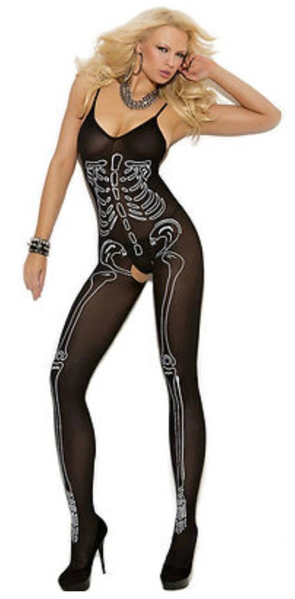 Combinaison collant noire motif squelette & Ouverture entrejambe  / Neuf - Taille unique XS à L 34/40
