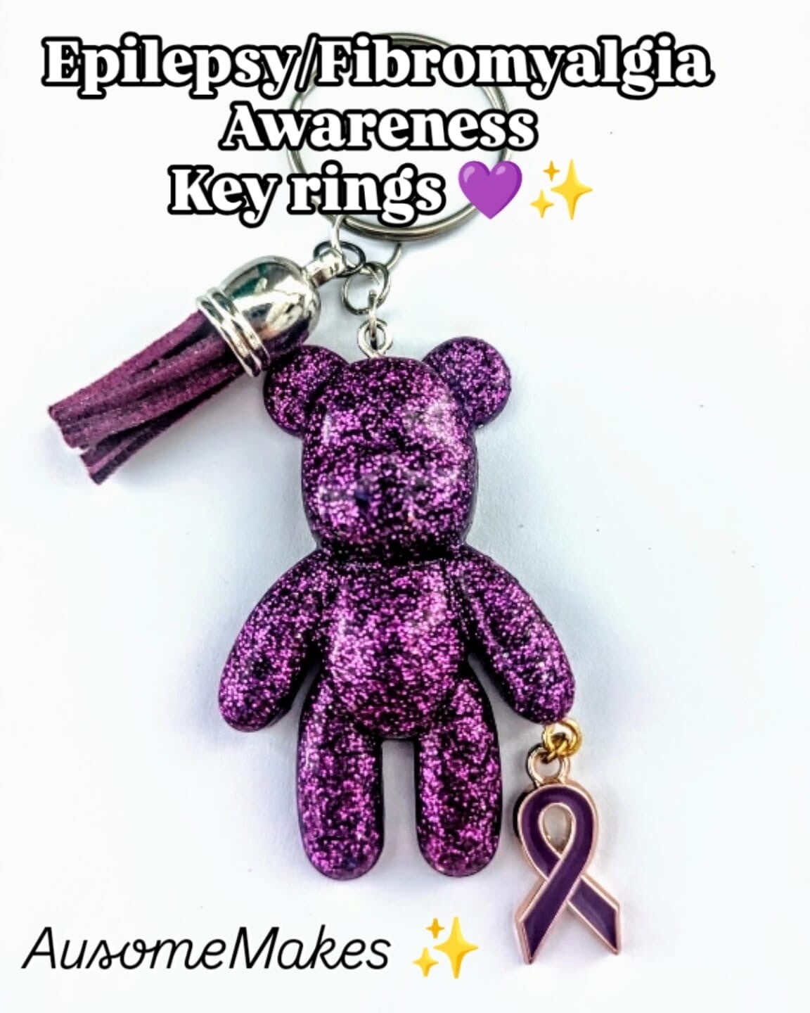 Fibromyalgia/epilepsy Awareness  Resin Teddy Bear Keyring keychain gift present