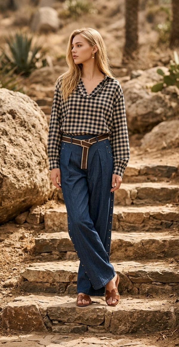 blouse Bohème ruit marine/ecru