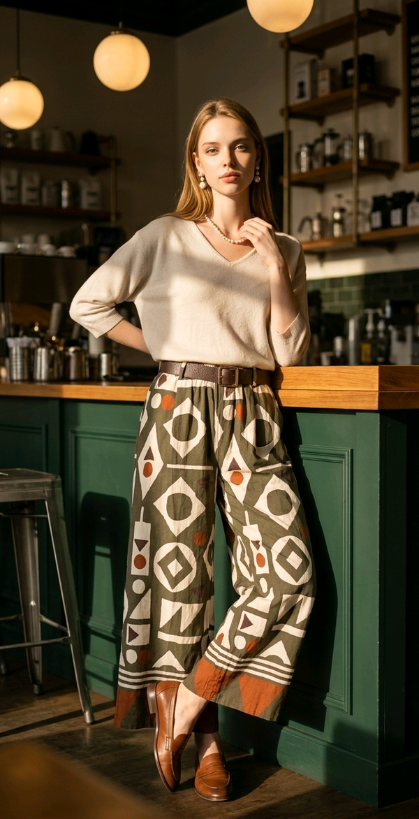 broek Glossy kaki/ecru/roest