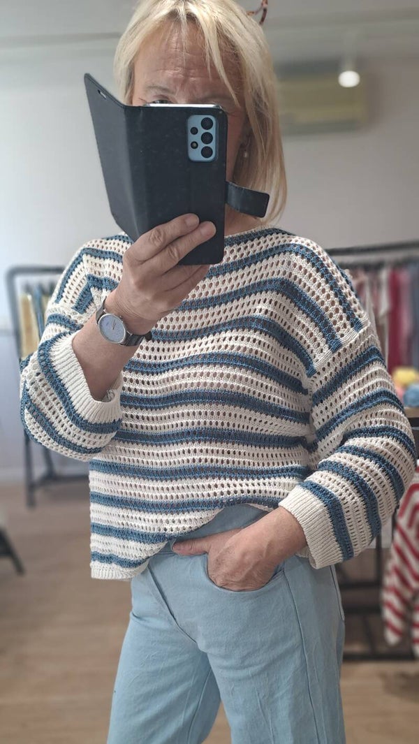 lentepulletje katoen bleu/wit