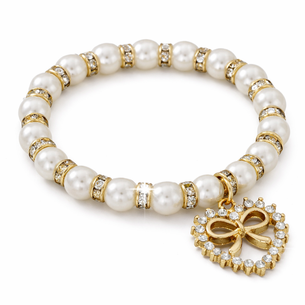 Pearl Bow Heart Armband – Wit & Goud