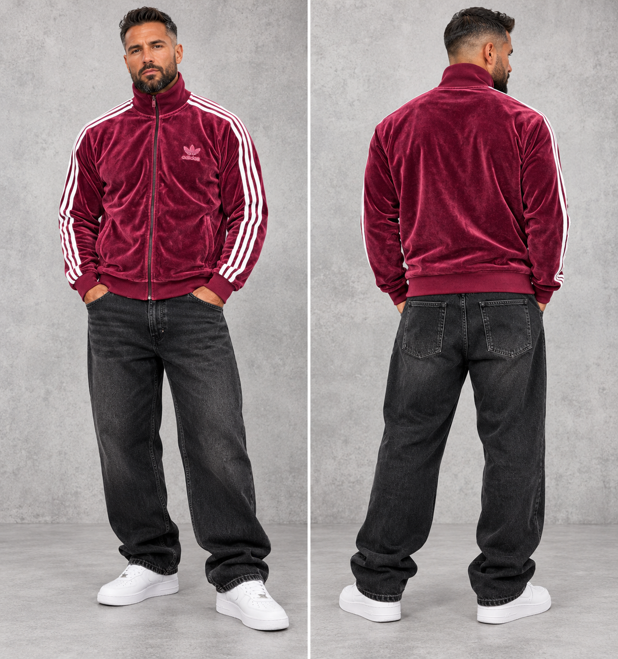 Adidas Originals Velours Trainingsjacke – Bordeauxrot / Weiß