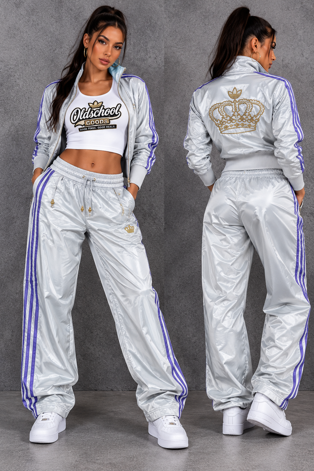 Adidas Originals x Missy Elliott Respect M.E. Trainingsanzug 2010 – Silber/Lila/Gold – Gr. 46 – Y2K Vintage