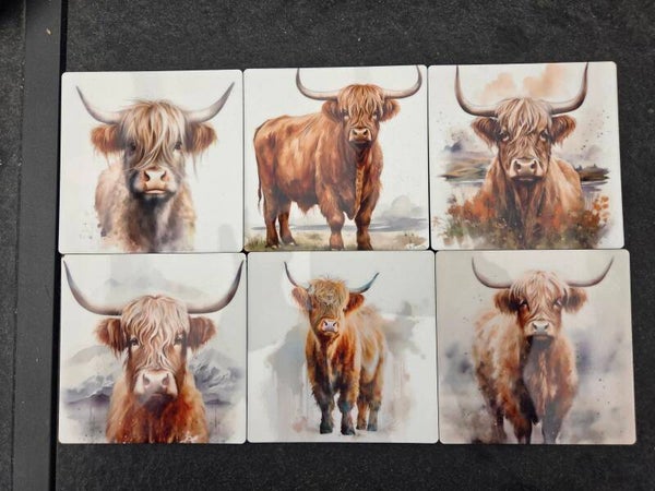 Set van 6 onderzetters - Schotse hooglanders