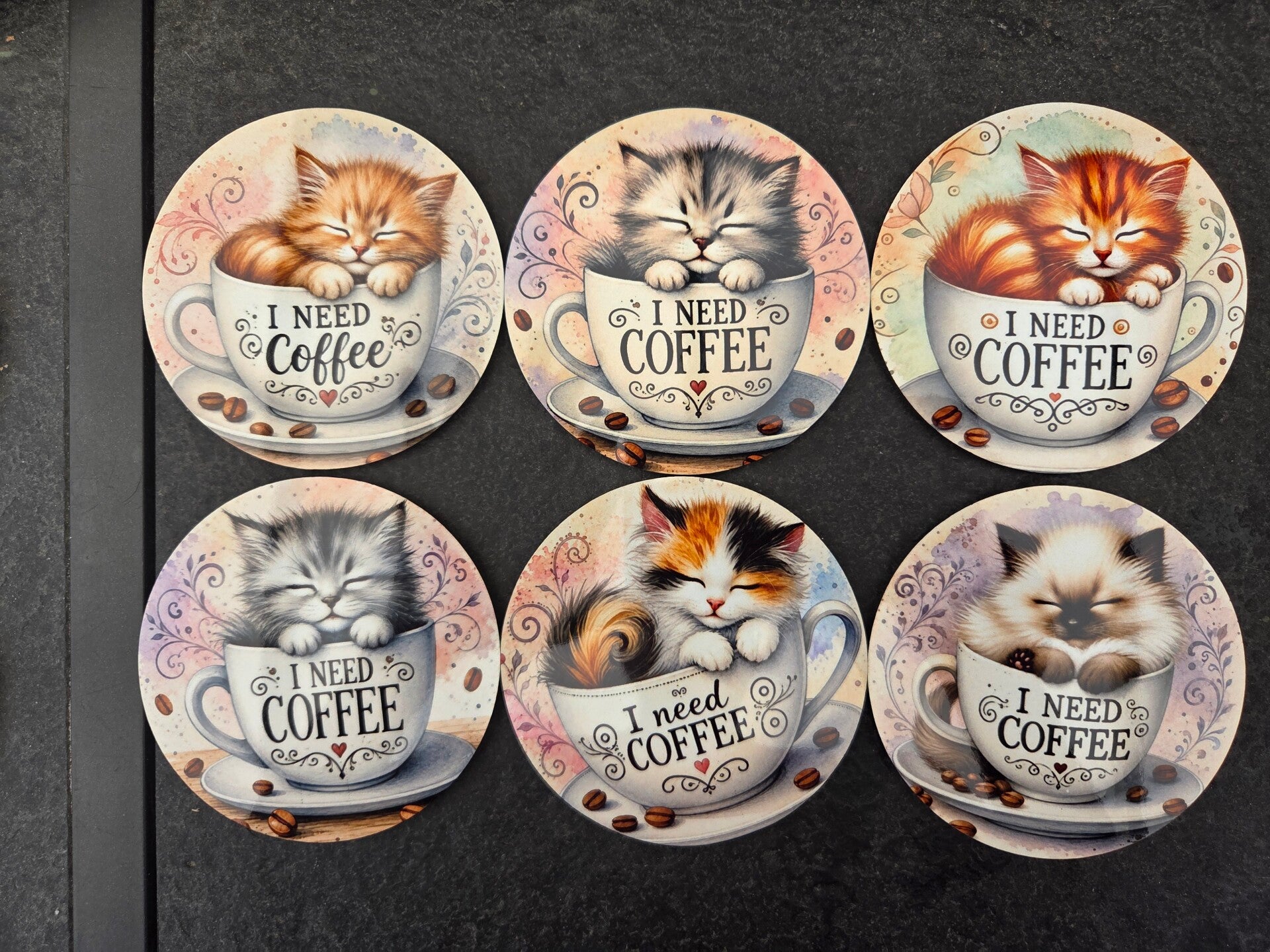 Set van 6 onderzetters - Katjes en koffie