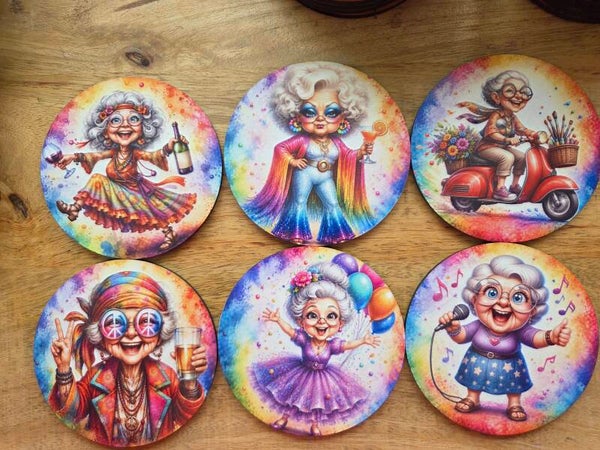 Set van 6 onderzetters - Funky oma