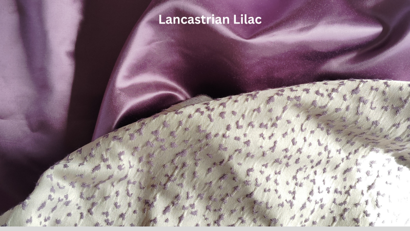 Lancastrian Lilac Fabric, two tones of lilac, one in plain dutchess satin, the other in brocade silver with tiny mauve flowers