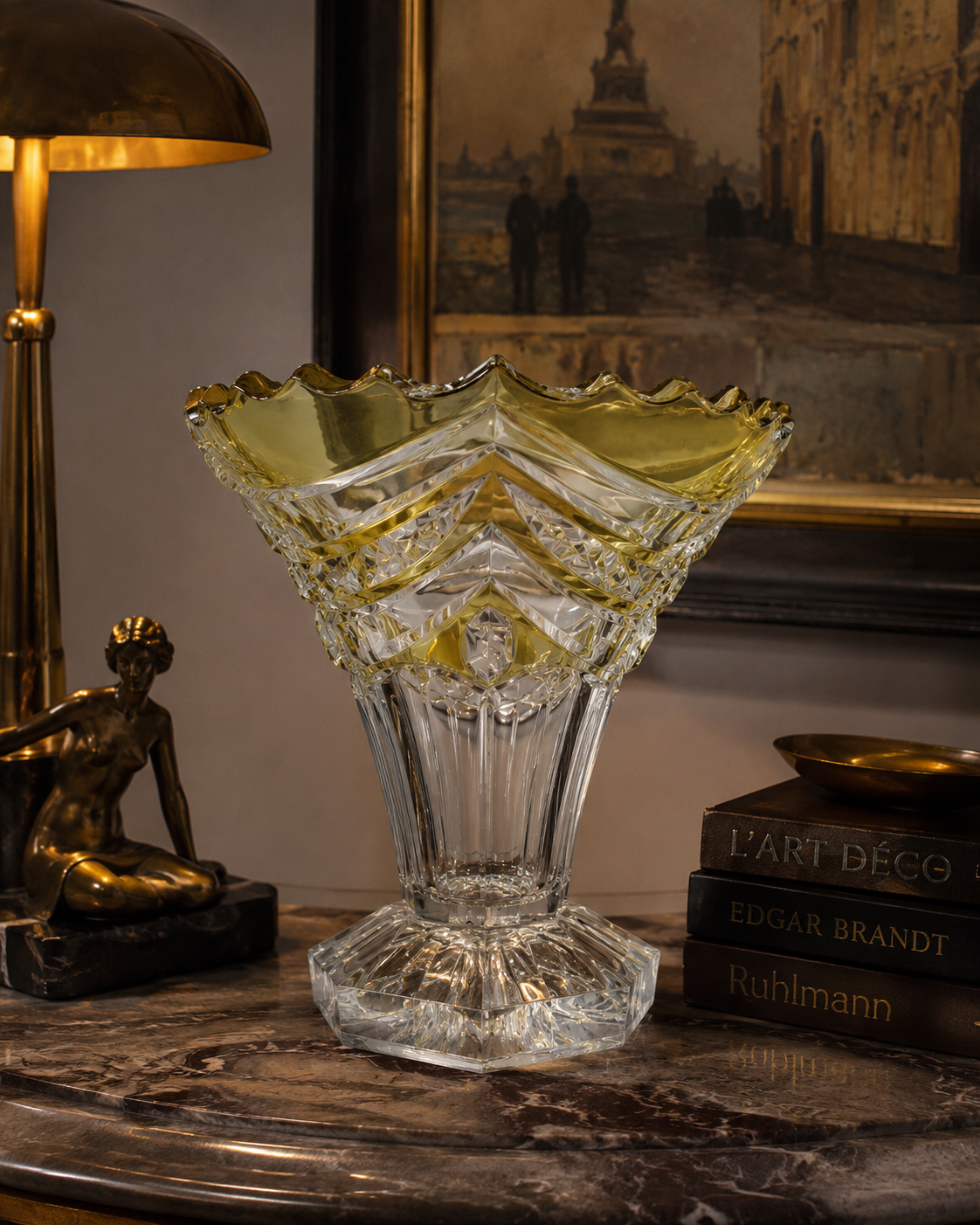 Art Deco Amber Crystal Vase – 1930s European Glass