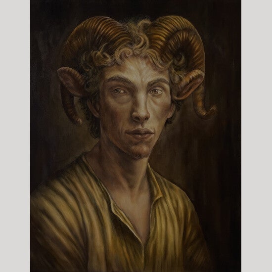 Chimairus Viridis – Human Ram Hybrid Oil Painting | Margreet Blaas Ar