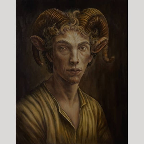 Chimairus Viridis – Human Ram Hybrid Oil Painting | Margreet Blaas Ar