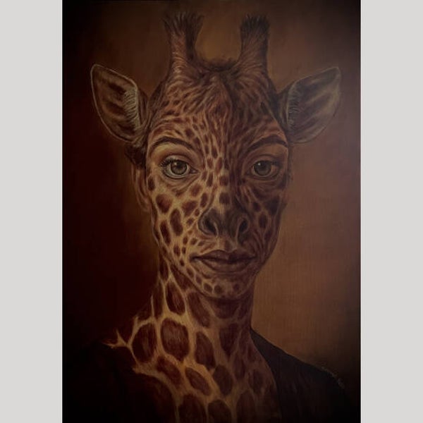 Giraffa Orisonis – Human Giraffe Hybrid Oil Painting | Margreet Blaas Art
