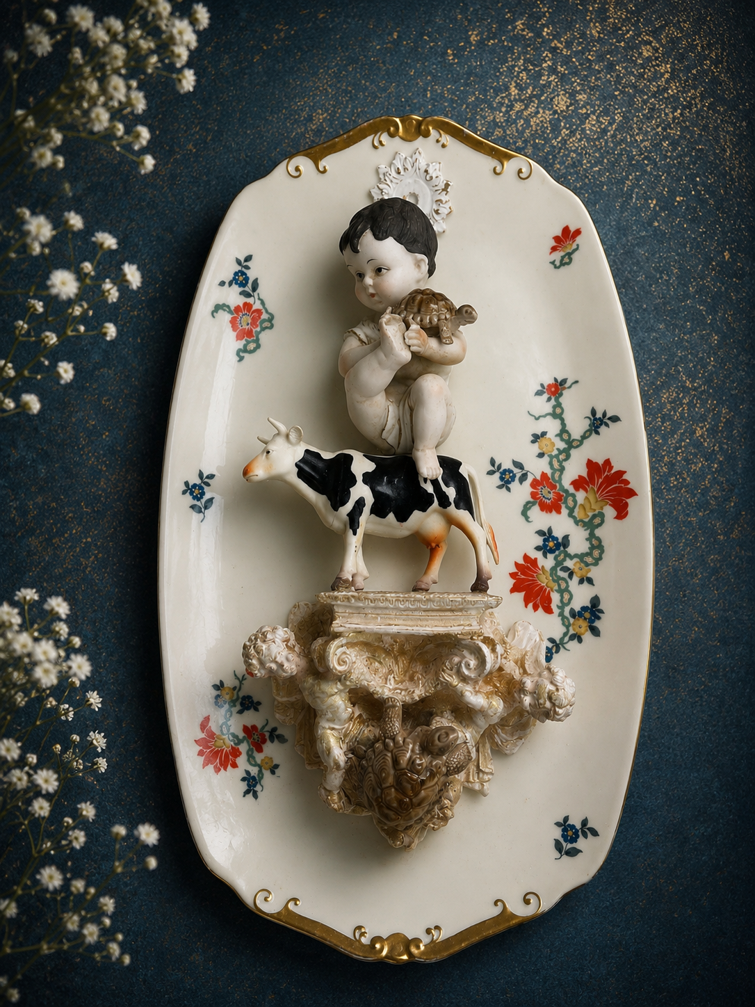 The Weight of Wonder, a one-of-a-kind porcelain assemblage artwork by Dutch artist Margreet Blaas. Vintage porcelain, a child figure, white swan, cows, flowers and symbolic objects are combined into a poetic wall sculpture.