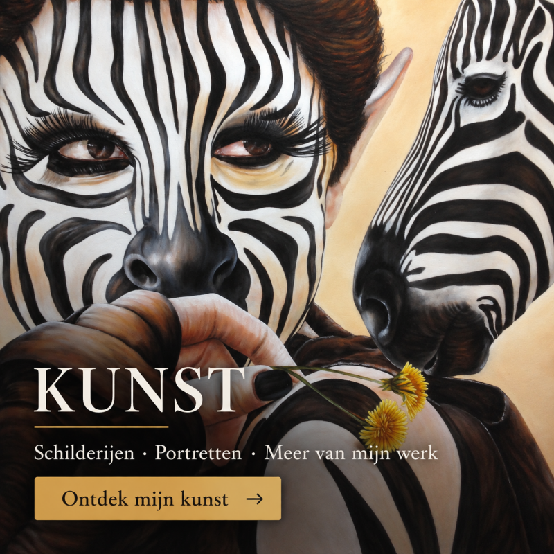 Schilderij van Margreet Blaas met menselijk gezicht en zebrapatronen