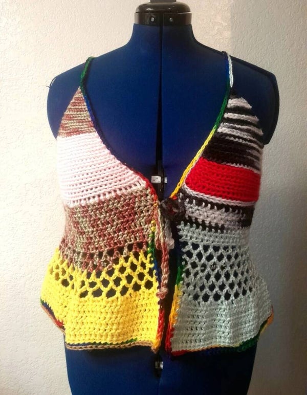 Women's XL Crochet Multicolor Scrap Yarn Cover Up Vest Unique Art Deco Tank