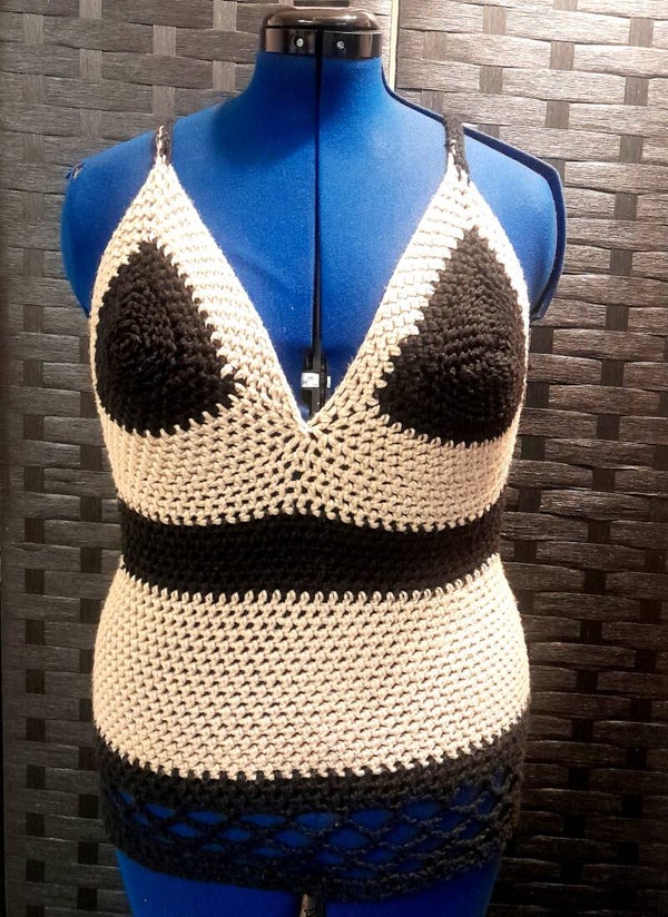 Women's XL Black Beige Crochet Vintage Open Back Tank Top